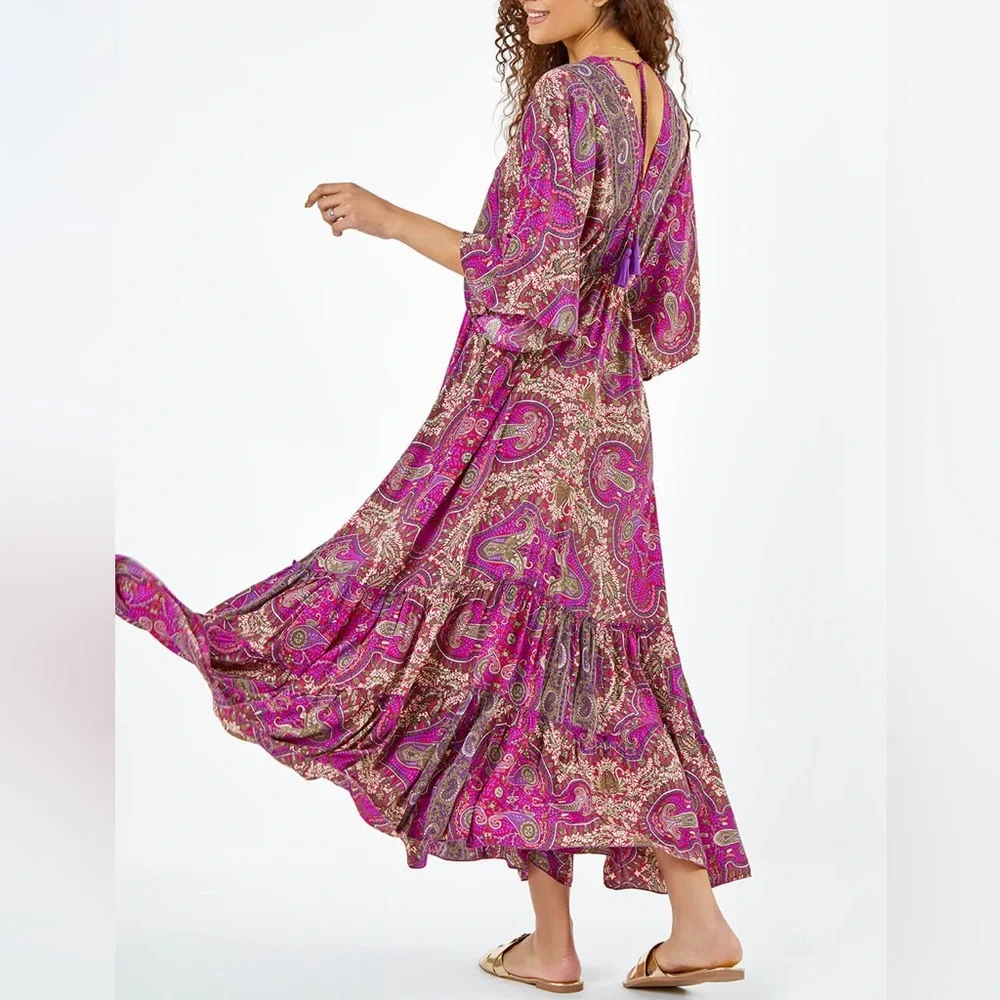 Bohemian flared paisley pink maxi dress one size 100% Viscose - Picture 1 of 17